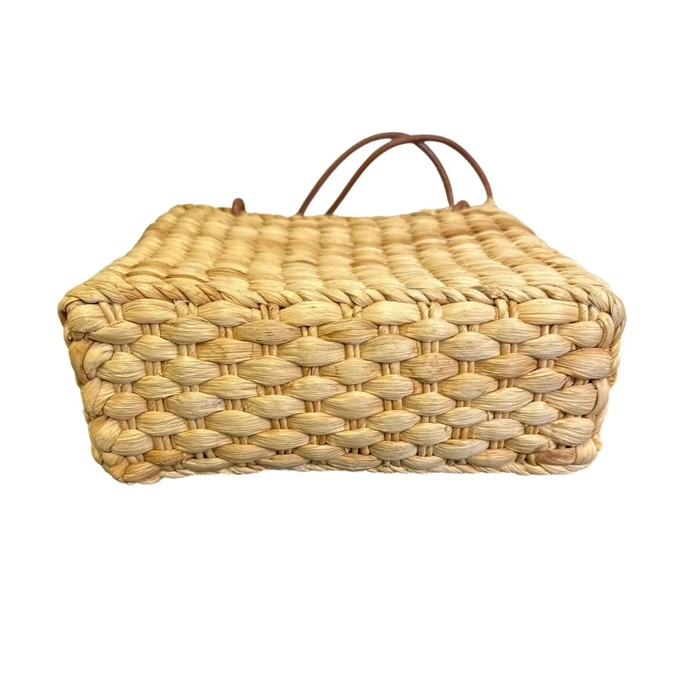 Tropical Palm Tree Embroidered Woven Straw Tote Bag Blue Lining Small Basket
